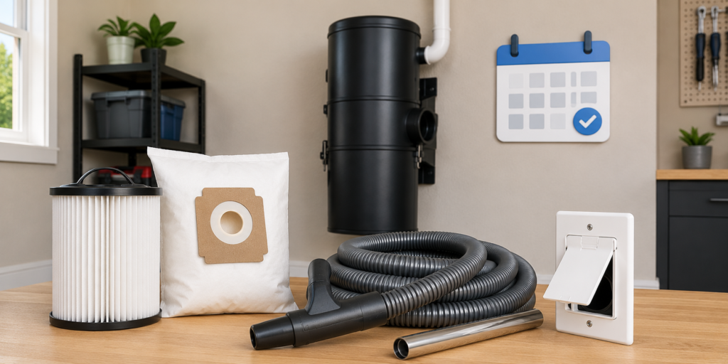 Central vacuum maintenance items including filter, bag, hose, and wall inlet.