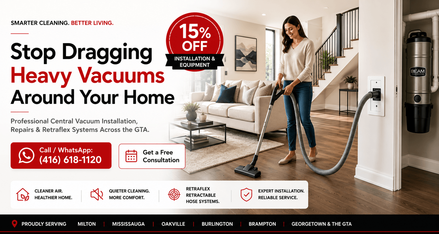 Central Vacuum Systems and Retractable Hoses Central vacuum installation and retractable hose system in Milton, Oakville, Mississauga and GTA