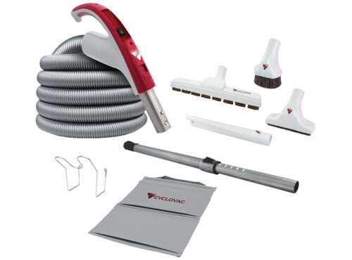 Cyclo Vac electric attachment kit with 110/24V hose, Super Luxe 12-inch floor brush, telescopic wand, and premium cleaning accessories
