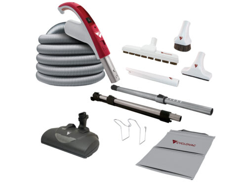 Cyclovac cleaning package with exclusive 110/24V hose, EBK360 electric powerhead, Super Luxe floor brush, and premium cleaning accessories