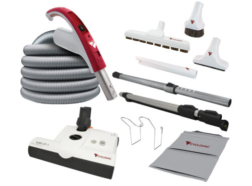 Cyclovac cleaning package with exclusive 110/24V hose, SEBO ET-1 powerhead, Super Luxe floor brush, and premium cleaning accessories