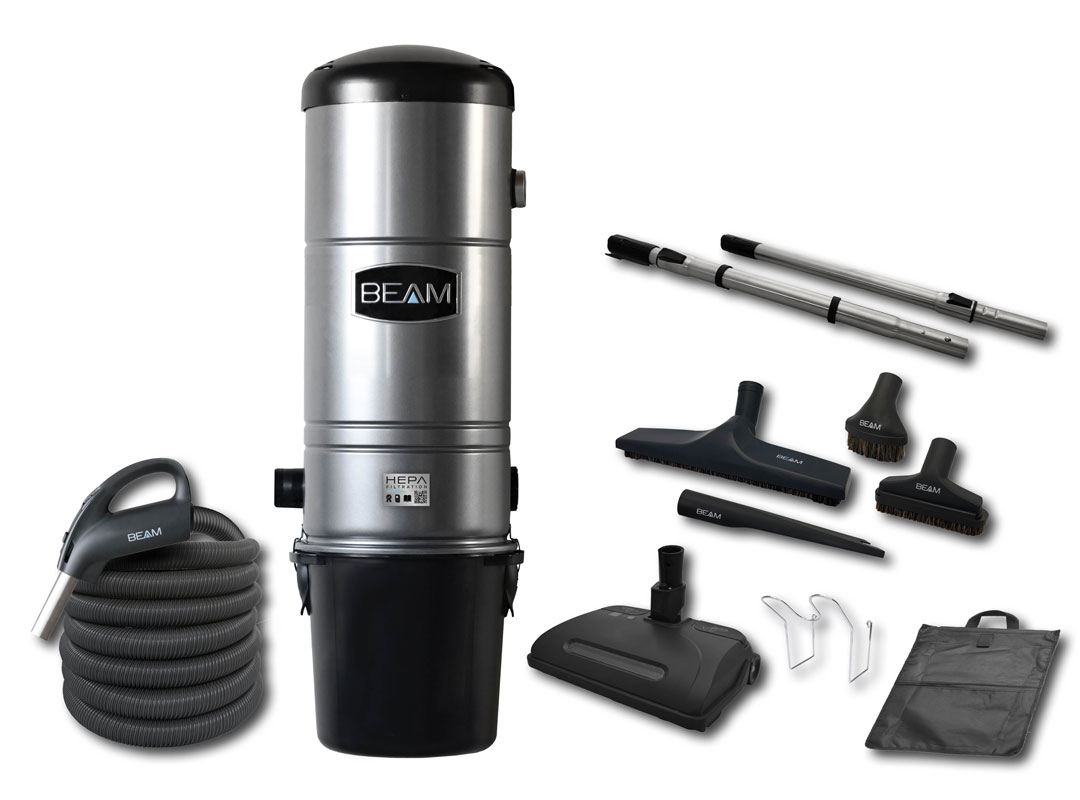 Central Vacuum 375 Hybrid with Attachment Kit 24V Including Brush 12 in. (30.5 cm) - Peppercorn Hose 35 ft. (10.67 m) Beam 375 Hybrid central vacuum with 24V attachment kit and 35 ft Peppercorn hose