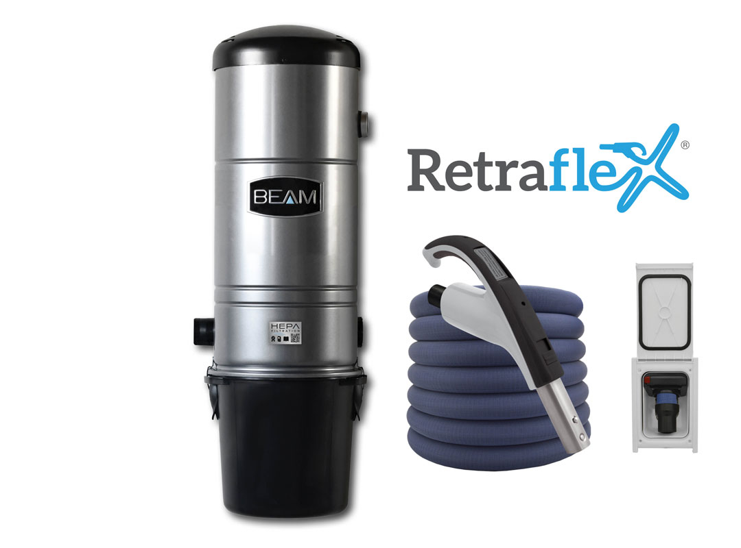 Central vacuum 375 with Retraflex retractable hose inlet including attachments and the installation kit - Softtouch hose Beam 375 central vacuum with Retraflex retractable Softtouch hose kit