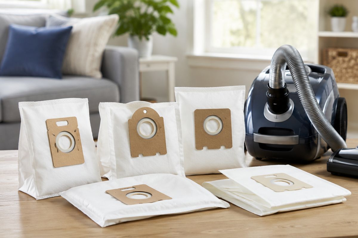 Vacuum cleaner bags placed beside canister and upright vacuums.