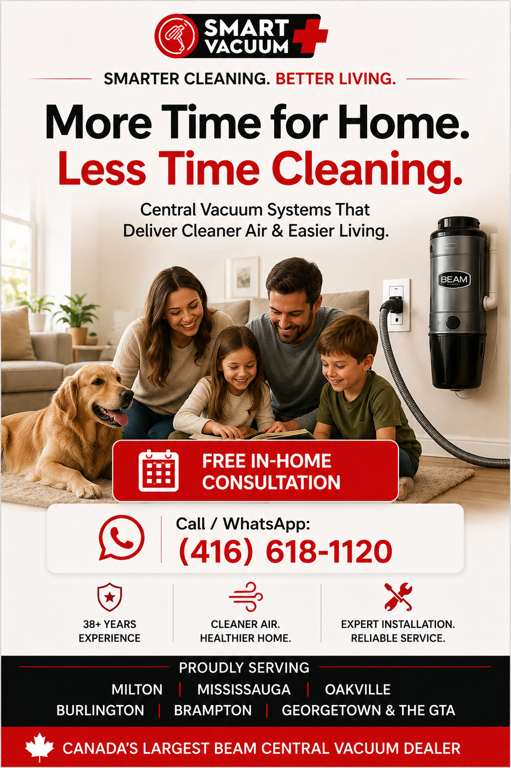 ChatGPT Image Aug 15, 2026, 11_24_50 PM Smart Vacuum Plus central vacuum system with family, BEAM unit and free in-home consultation in the GTA