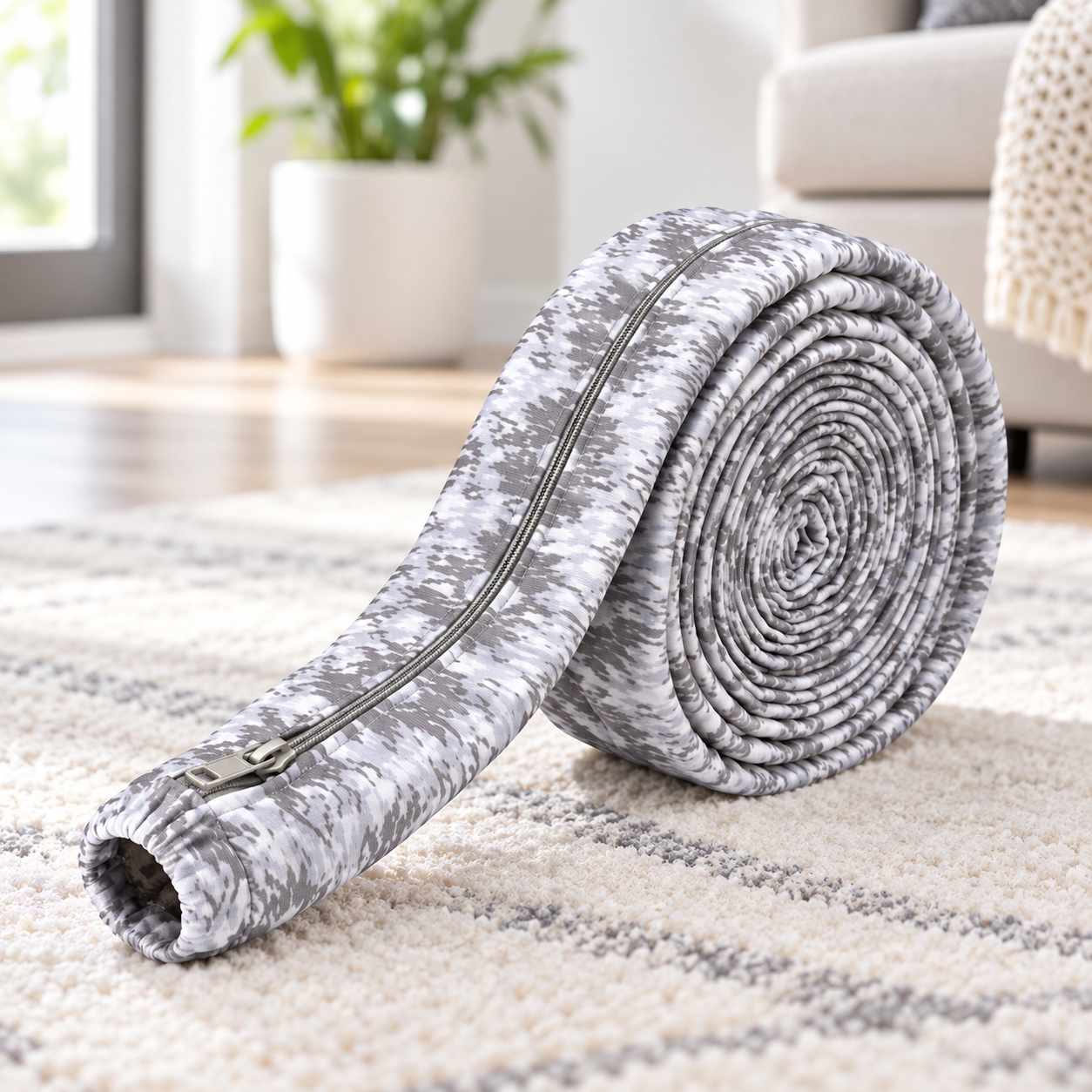 Hose Image 4 Zippered central vacuum hose cover displayed in a home setting